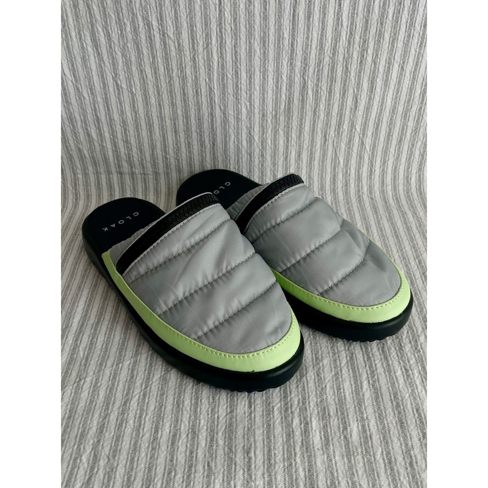 Cloak Mens Puffer Slides Grey Neon Green Quilted Zip Pocket Mules Size 6 US